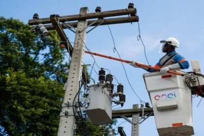 Funcionário da Enel trabalha em rede elétrica — Foto: Reprodução