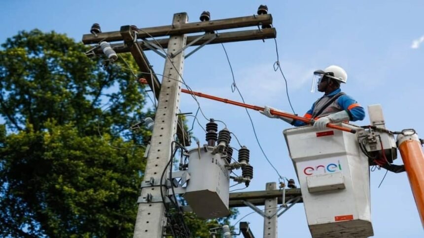 Funcionário da Enel trabalha em rede elétrica — Foto: Reprodução